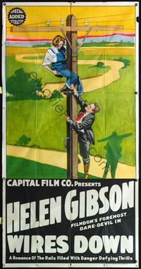 1b068 WIRES DOWN 3sh '20s great art of Helen Gibson climbing up electrical pole!