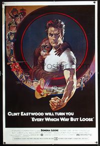 1b260 EVERY WHICH WAY BUT LOOSE 40x60 '78 art of Clint Eastwood & Clyde the orangutan by Bob Peak!