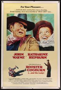 1b303 ROOSTER COGBURN 40x60 '75 great art of John Wayne with eye patch & Katharine Hepburn!