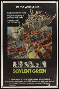 1b310 SOYLENT GREEN 40x60 '73 art of Charlton Heston trying to escape riot control by John Solie!