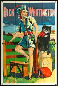 1b097 DICK WHITTINGTON stage play English 40x60 '30s stone litho of sexy female lead & smiling cat!