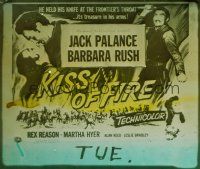 1c097 KISS OF FIRE glass slide '55 romantic art of Jack Palance as El Tigre & sexy Barbara Rush!