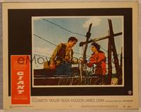 1d285 GIANT LC #7 '56 cool close up of James Dean & Elizabeth Taylor behind barbed wire fence!