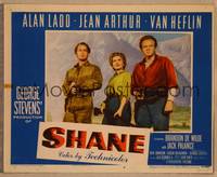 1d481 SHANE LC #6 '53 posed studio portrait of Alan Ladd, Jean Arthur & Van Heflin with guns!