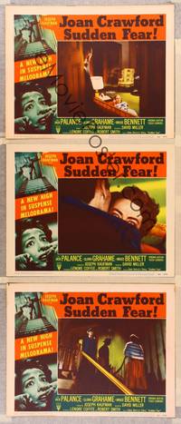 1e957 SUDDEN FEAR 3 LCs '52 great close up of terrified Joan Crawford, Jack Palance!