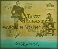 1f105 LUCY GALLANT style B glass slide '55 Charlton Heston leaning on fence watches Jane Wyman!