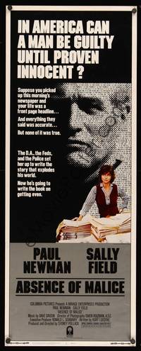 1h013 ABSENCE OF MALICE insert '81 Paul Newman, Sally Field, Sydney Pollack, cool design!