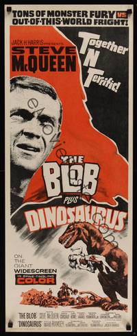 1h075 BLOB/DINOSAURUS insert '64 great close up of Steve McQueen, plus art of T-Rex w/girl!