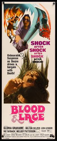 1h076 BLOOD & LACE insert '71 AIP, gruesome horror image of wacky cultist w/bloody hammer!