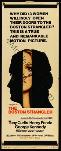 1h087 BOSTON STRANGLER insert '68 Tony Curtis, Henry Fonda, he killed thirteen girls!