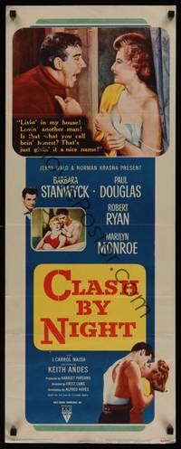 1h119 CLASH BY NIGHT insert '52 Fritz Lang, Barbara Stanwyck, Douglas, Ryan, Marilyn Monroe shown!