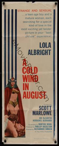 1h124 COLD WIND IN AUGUST insert '61 Scott Marlowe, sexy half-dressed masked Lola Albright!