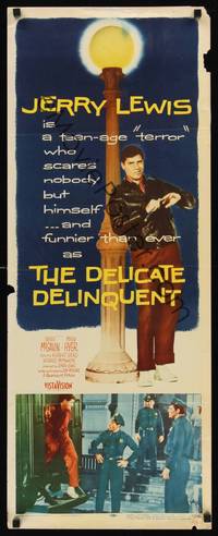 1h153 DELICATE DELINQUENT insert '57 wacky teen-age terror Jerry Lewis leaning on light post!