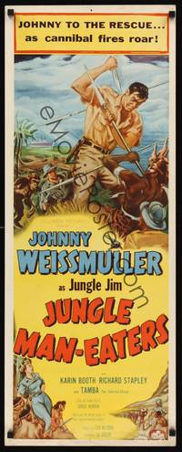 1h320 JUNGLE MAN-EATERS insert '54 cool art of Johnny Weissmuller as Jungle Jim fighting cannibals