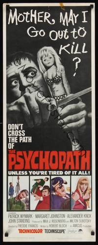 1h474 PSYCHOPATH insert '66 Robert Bloch, wild horror image, Mother, may I go out to kill?