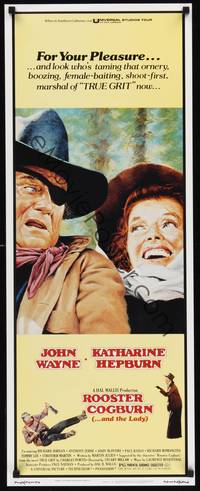 1h497 ROOSTER COGBURN insert '75 great art of John Wayne with eye patch & Katharine Hepburn!