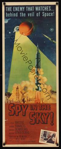 1h538 SPY IN THE SKY insert '58 the enemy that watches behind the veil of space, rocket launch art