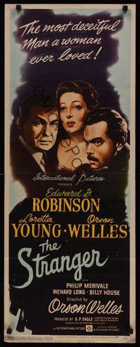 1h551 STRANGER insert '46 cool close up art of Orson Welles, Edward G. Robinson & Loretta Young!