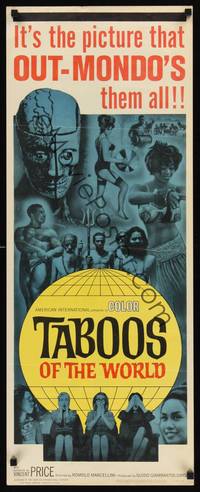 1h564 TABOOS OF THE WORLD insert '63 I Tabu, AIP, Vincent Price, wild image of shocked audience!