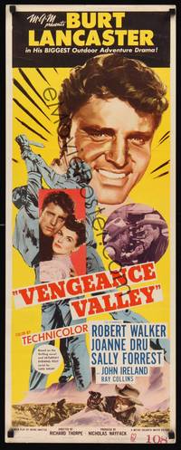 1h630 VENGEANCE VALLEY insert '51 close-up art of Burt Lancaster & holding Joanne Dru!