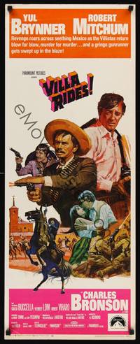 1h634 VILLA RIDES insert '68 art of Yul Brynner as Pancho & Robert Mitchum, Sam Peckinpah