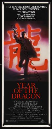 1h686 YEAR OF THE DRAGON insert '85 Mickey Rourke, Michael Cimino Asian crime thriller!
