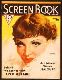 1j023 SCREEN BOOK magazine January 1936 wonderful art of Claudette Colbert in fur by Mozert!