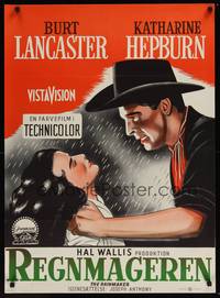 1k267 RAINMAKER Danish '59 cool different art of Burt Lancaster & Katharine Hepburn!