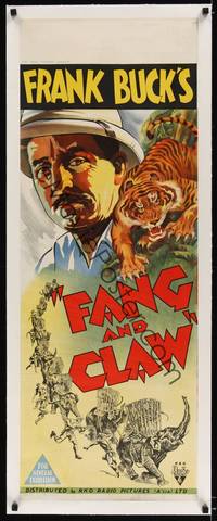 1m033 FANG & CLAW linen long Aust daybill '35 cool different headshot artwork of Frank Buck & tiger!