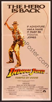 1m287 INDIANA JONES & THE TEMPLE OF DOOM Hero is Back style Aust daybill '84 full-length art of Harrison Ford w/whip!