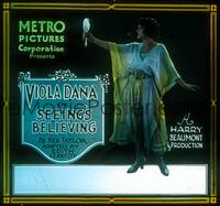 1p037 SEEING'S BELIEVING glass slide '22 full-length beauty Viola Dana looks at herself in mirror!