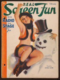 1p110 REAL SCREEN FUN magazine February 1936, wonderful art of barely dressed girl on snowman!