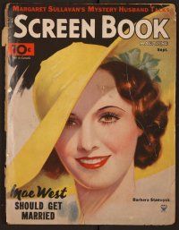 1p102 SCREEN BOOK magazine September 1934, wonderful art of Barbara Stanwyck wearing cool hat!