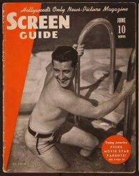1p069 SCREEN GUIDE magazine June 1938 close up of Don Ameche climing down into swimming pool!