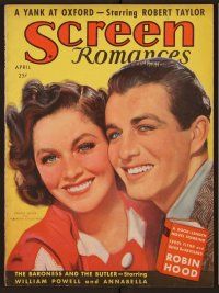 1p104 SCREEN ROMANCES magazine Apr 1938 art of Robert Taylor & Maureen O'Sullivan by Earl Christy