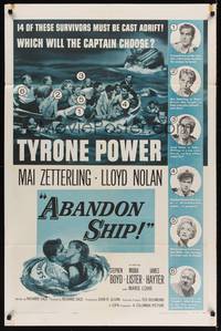 1r015 ABANDON SHIP 1sh '57 Tyrone Power & 25 survivors in a lifeboat which can hold only 12!