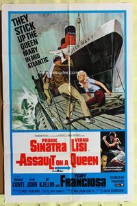 1r051 ASSAULT ON A QUEEN 1sh '66 art of Frank Sinatra w/pistol & sexy Virna Lisi on submarine deck