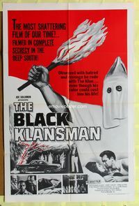 1r095 BLACK KLANSMAN 1sh '66 wild artwork of hooded black man in KKK outfit holding torch!