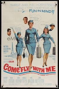 1r158 COME FLY WITH ME 1sh '63 sexy airline hostesses daydreaming of men!