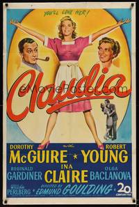 1r152 CLAUDIA 1sh '43 art of full-length Dorothy McGuire, Robert Young & Ina Claire!