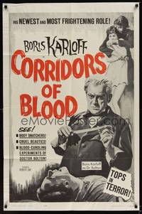 1r162 CORRIDORS OF BLOOD 1sh '63 Boris Karloff, Christopher Lee, blood-curdling experiments!