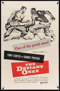 1r195 DEFIANT ONES 1sh R60s art of escaped cons Tony Curtis & Sidney Poitier chained together!