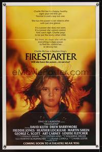 1r258 FIRESTARTER advance 1sh '84 close up of creepy eight year-old Drew Barrymore, sci-fi!