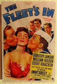 1r263 FLEET'S IN style A 1sh '42 great art of Dorothy Lamour being smooched by Holden & Bracken!