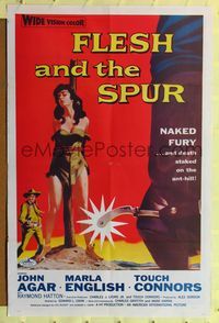 1r264 FLESH & THE SPUR 1sh '56 artwork of sexy girl staked to ant hill!