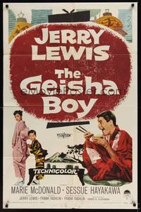 1r301 GEISHA BOY 1sh '58 screwy Jerry Lewis visits Japan, cool paper lantern art!
