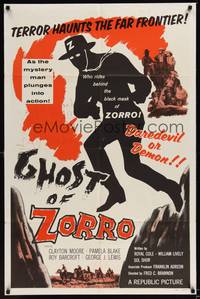 1r307 GHOST OF ZORRO 1sh '59 cool art of masked hero Clayton Moore, daredevil or demon!