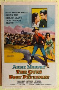 1r338 GUNS OF FORT PETTICOAT 1sh '57 artwork of Audie Murphy wielding two guns defending women!