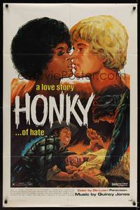 1r382 HONKY 1sh '71 Ben Kudo interracial love artwork, a love story of hate!