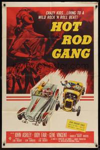 1r390 HOT ROD GANG 1sh '58 fast cars, crazy kids, classic art of teens in dragsters & dancing girl
